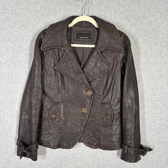 Jones New York Leather Jacket Small Brown Button Stitch‎ Distressed Moto Buckle - Picture 1 of 11